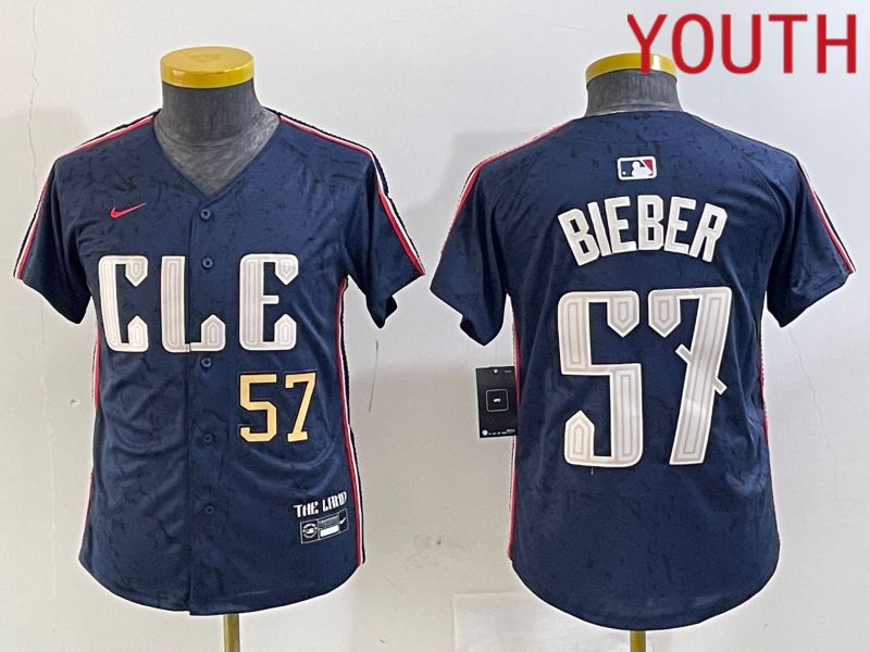 Youth Cleveland Indians #57 Bieber Blue City Edition Nike 2024 MLB Jersey style 3